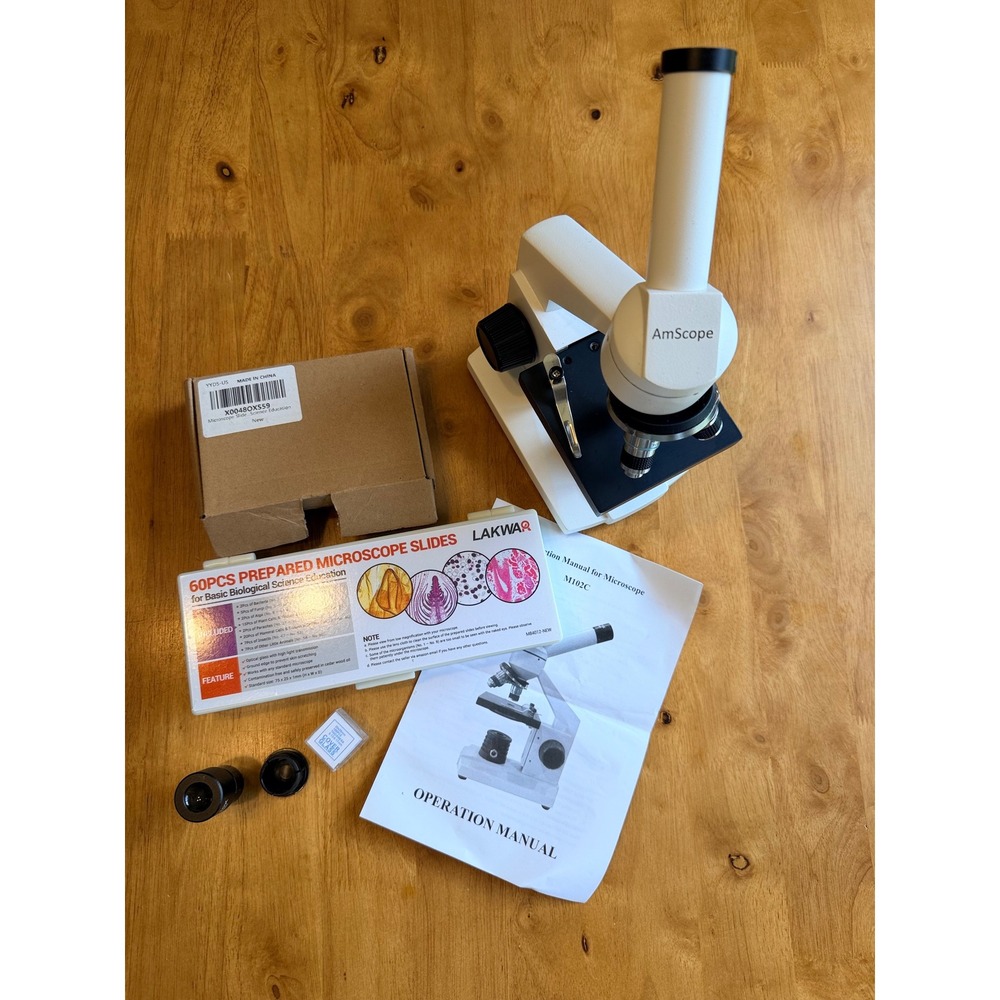 AmScope M102C Monocular Compound Microscope 60 Prepared Slides Science Kit White